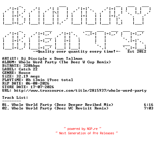 NFO for the release Dj_Disciple_x_Dawn_Tallman-Whole_Word_Party_(The_Deez_W_Cup_Remix)-(C283)-WEB-2026-BB by BB
