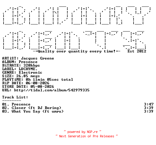 NFO for the release Jacques_Greene-Presence-(LM124S3D)-WEB-2026-BB by BB