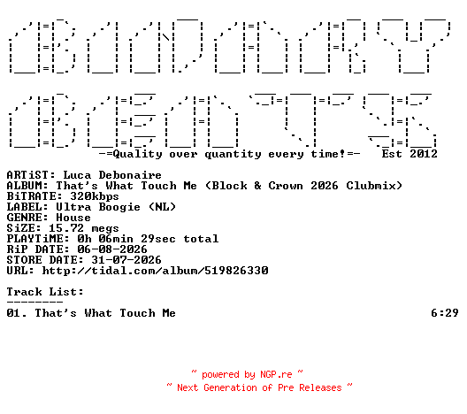 NFO for the release Luca_Debonaire-Thats_What_Touch_Me_(Block_And_Crown_2026_Clubmix)-(ULTRARMX28)-SINGLE-WEB-2026-BB by BB