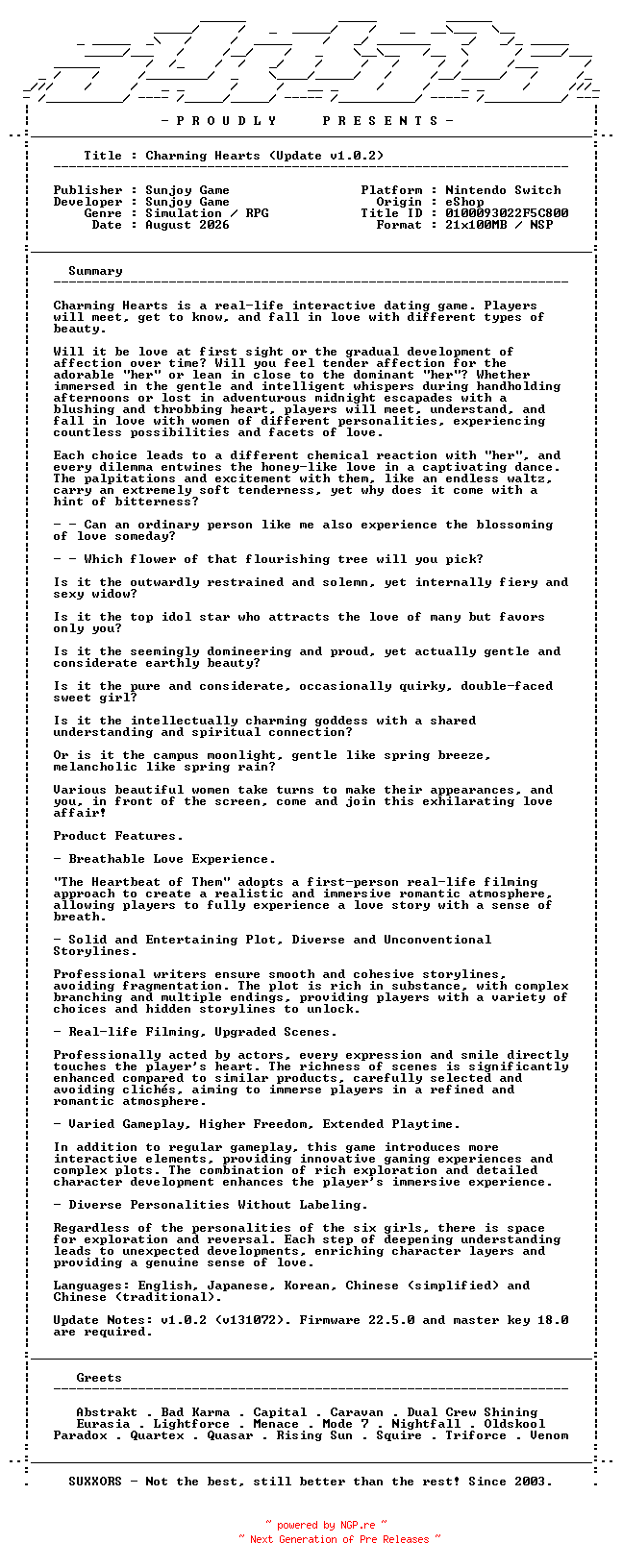 NFO for the release Charming_Hearts_Update_v1.0.2_NSW-SUXXORS by SUXXORS