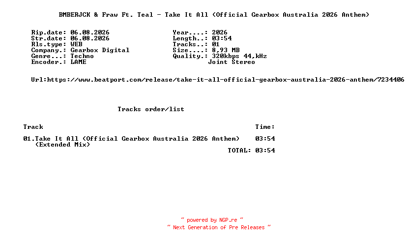 NFO for the release BMBERJCK_And_Fraw_Ft._Teal_-_Take_It_All_(Official_Gearbox_Australia_2026_Anthem)-(GBD564)-SINGLE-WEB-2026-FMC by FMC
