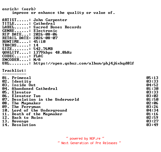 NFO for the release John_Carpenter-Cathedral-24BIT-WEB-FLAC-2026-ENRiCH by ENRiCH
