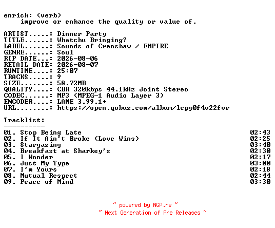 NFO for the release Dinner_Party-Whatchu_Bringing-WEB-2026-ENRiCH by ENRiCH