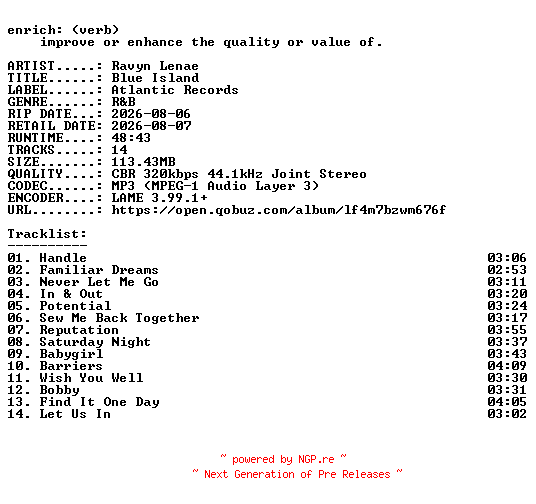 NFO for the release Ravyn_Lenae-Blue_Island-WEB-2026-ENRiCH by ENRiCH