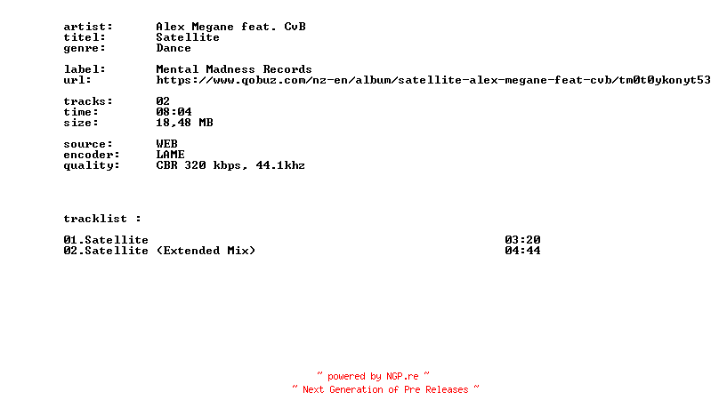 NFO for the release Alex_Megane_Feat._Cvb_-_Satellite-WEB-2026-BITCOINS by BITCOINS