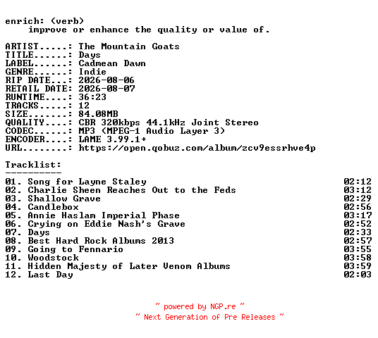 NFO for the release The_Mountain_Goats-Days-WEB-2026-ENRiCH by ENRiCH