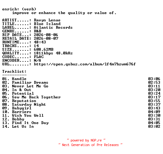 NFO for the release Ravyn_Lenae-Blue_Island-24BIT-WEB-FLAC-2026-ENRiCH by ENRiCH