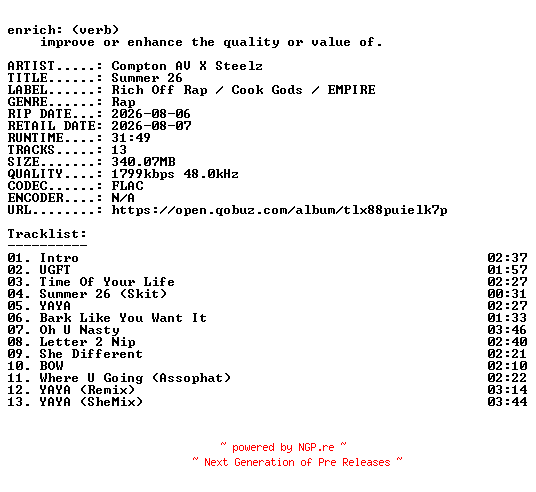 NFO for the release Compton_AV_X_Steelz-Summer_26-24BIT-WEB-FLAC-2026-ENRiCH by ENRiCH