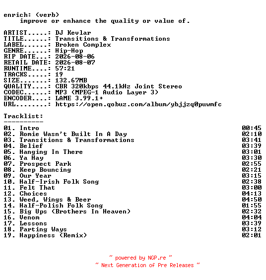 NFO for the release DJ_Kevlar-Transitions_and_Transformations-WEB-2026-ENRiCH by ENRiCH