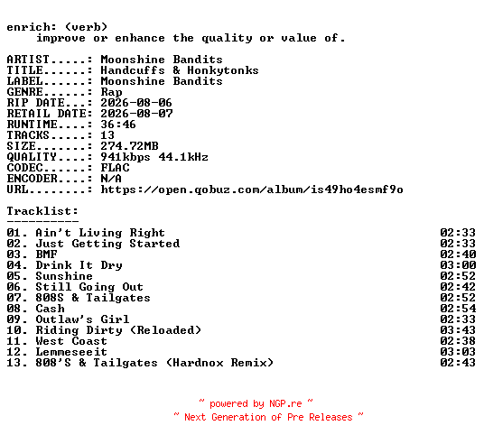 NFO for the release Moonshine_Bandits-Handcuffs_and_Honkytonks-24BIT-WEB-FLAC-2026-ENRiCH by ENRiCH