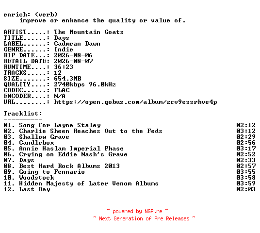 NFO for the release The_Mountain_Goats-Days-24BIT-WEB-FLAC-2026-ENRiCH by ENRiCH