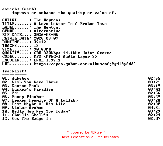 NFO for the release The_Reytons-A_Love_Letter_To_A_Broken_Town-WEB-2026-ENRiCH by ENRiCH