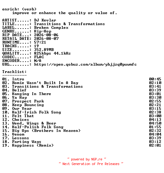 NFO for the release DJ_Kevlar-Transitions_and_Transformations-16BIT-WEB-FLAC-2026-ENRiCH by ENRiCH