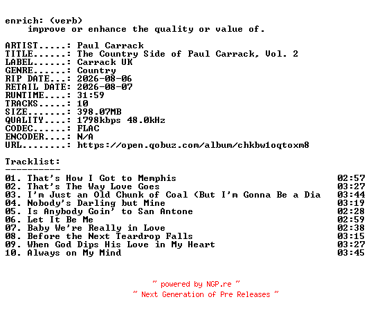 NFO for the release Paul_Carrack-The_Country_Side_of_Paul_Carrack_Vol._2-24BIT-WEB-FLAC-2026-ENRiCH by ENRiCH