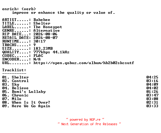 NFO for the release Babebee-Shelter-16BIT-WEB-FLAC-2026-ENRiCH by ENRiCH