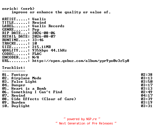NFO for the release Vaelis-Rewind-16BIT-WEB-FLAC-2026-ENRiCH by ENRiCH