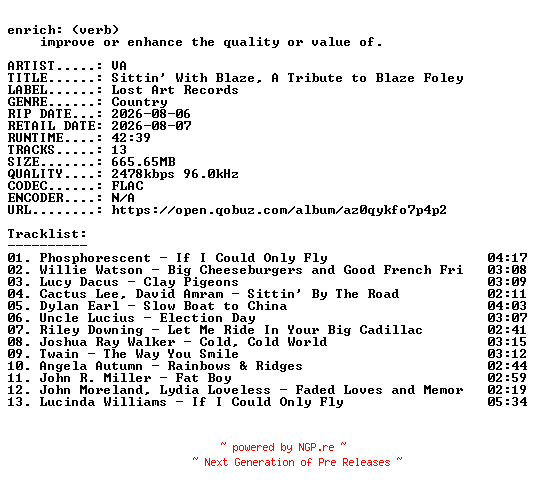 NFO for the release VA-Sittin_With_Blaze_A_Tribute_to_Blaze_Foley-24BIT-WEB-FLAC-2026-ENRiCH by ENRiCH