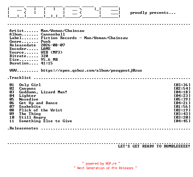 NFO for the release Man_Woman_Chainsaw-Cannonball-(WEB)-2026-RUMBLE by RUMBLE