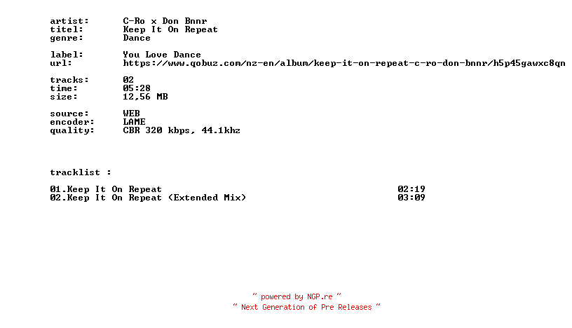 NFO for the release C-Ro_X_Don_Bnnr_-_Keep_It_On_Repeat-WEB-2026-BITCOINS by BITCOINS
