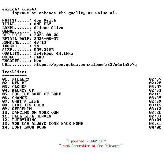 NFO for the release Jon_Keith-AND_FLY-24BIT-WEB-FLAC-2026-ENRiCH by ENRiCH