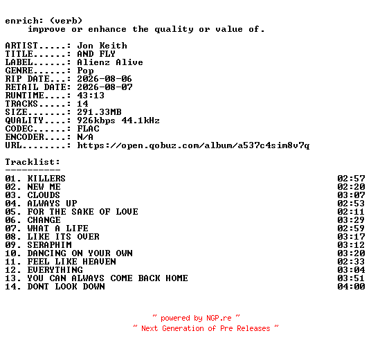 NFO for the release Jon_Keith-AND_FLY-16BIT-WEB-FLAC-2026-ENRiCH by ENRiCH