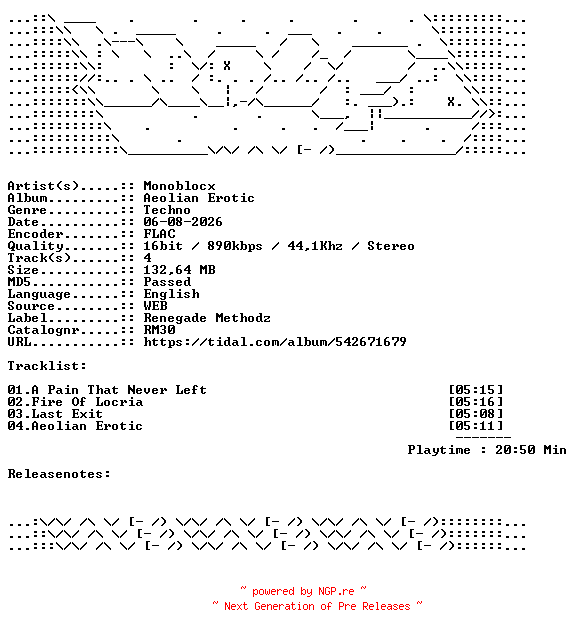 NFO for the release Monoblocx-Aeolian_Erotic-RM30-16BIT-WEB-FLAC-2026-WAVED by WAVED