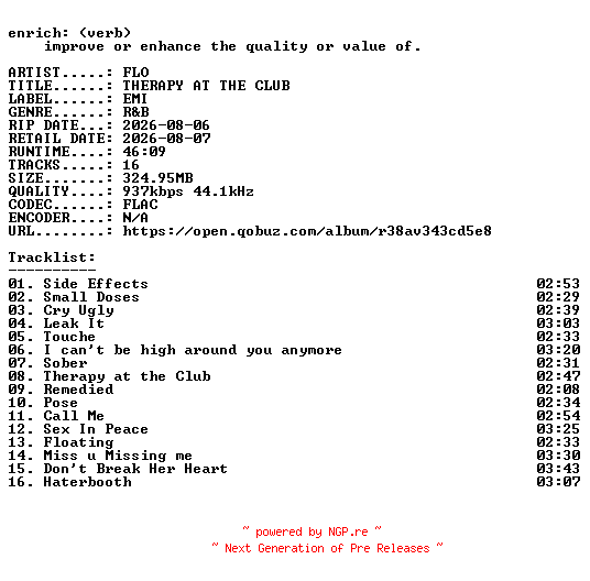 NFO for the release FLO-THERAPY_AT_THE_CLUB-16BIT-WEB-FLAC-2026-ENRiCH by ENRiCH