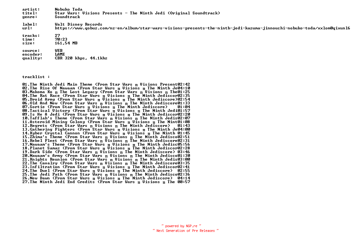 NFO for the release Nobuko_Toda_-_Star_Wars_Visions_Presents_-_The_Ninth_Jedi_(Original_Soundtrack)-OST-WEB-2026-BITCOINS by BITCOINS