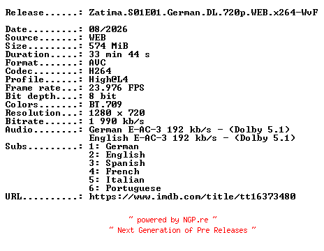 NFO for the release Zatima.S01E01.German.DL.720p.WEB.x264-WvF by WvF