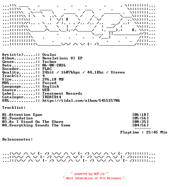 NFO for the release Oculus-Revelations_VI_EP-TREATD14-24BIT-WEB-FLAC-2026-WAVED by WAVED
