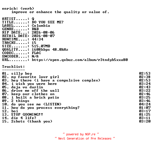 NFO for the release Q-DO_YOU_SEE_ME-24BIT-WEB-FLAC-2026-ENRiCH by ENRiCH
