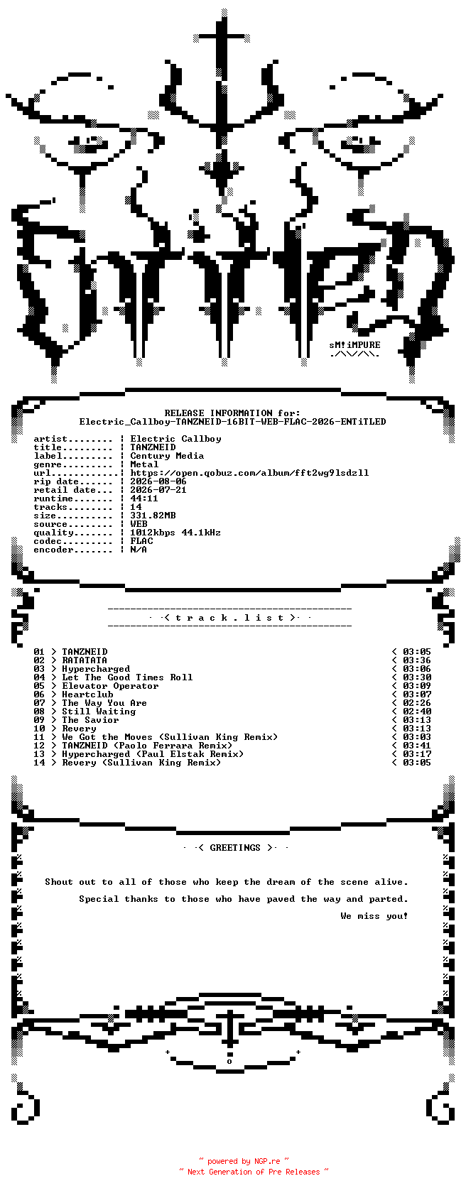 NFO for the release Electric_Callboy-TANZNEID-16BIT-WEB-FLAC-2026-ENTiTLED by ENTiTLED