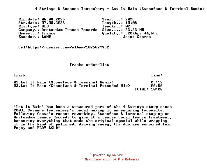 NFO for the release 4_Strings_And_Susanne_Teutenberg_-_Let_It_Rain_(Stoneface_And_Terminal_Remix)-(AMSTR651)-WEB-2026-FMC by FMC