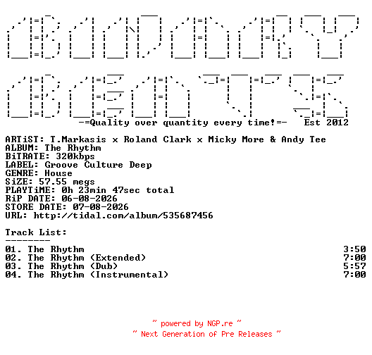 NFO for the release T.Markasis_x_Roland_Clark_x_Micky_More_And_Andy_Tee-The_Rhythm-(GCMDEEP077)-WEB-2026-BB by BB