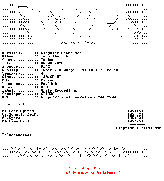 NFO for the release Singular_Anomalies-Into_The_Dub-GRT038-16BIT-WEB-FLAC-2026-WAVED by WAVED