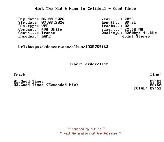 NFO for the release Nick_The_Kid_And_Name_is_Critical_-_Good_Times-(AVAW422)-WEB-2026-FMC by FMC