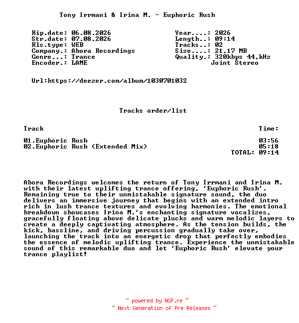 NFO for the release Tony_Irrmani_And_Irina_M._-_Euphoric_Rush-(ABRD458)-WEB-2026-FMC by FMC