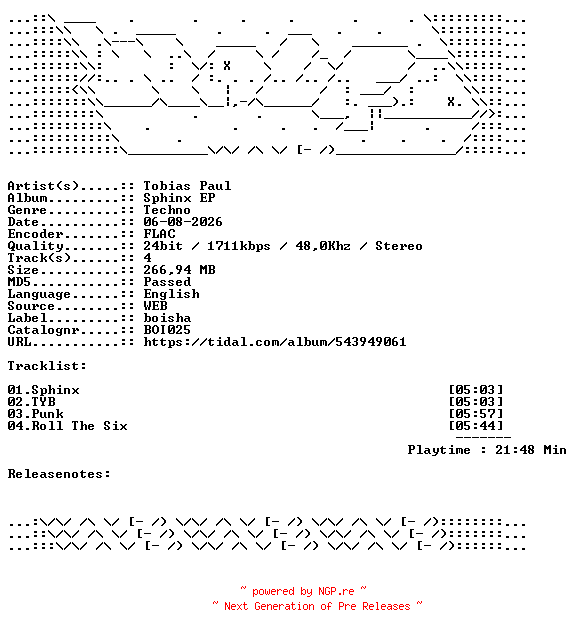 NFO for the release Tobias_Paul-Sphinx_EP-BOI025-24BIT-WEB-FLAC-2026-WAVED by WAVED