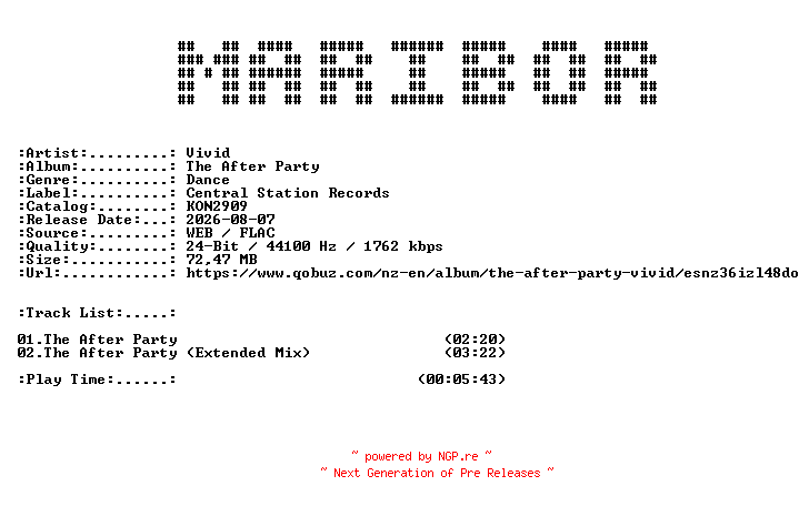 NFO for the release Vivid-The_After_Party-(KON2909)-24BIT-WEB-FLAC-2026-MARiBOR by MARiBOR