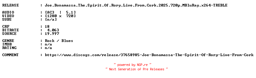 NFO for the release Joe.Bonamassa.The.Spirit.Of.Rory.Live.From.Cork.2025.720p.MBluRay.x264-TREBLE by TREBLE