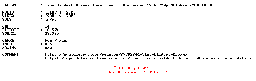 NFO for the release Tina.Wildest.Dreams.Tour.Live.In.Amsterdam.1996.720p.MBluRay.x264-TREBLE by TREBLE