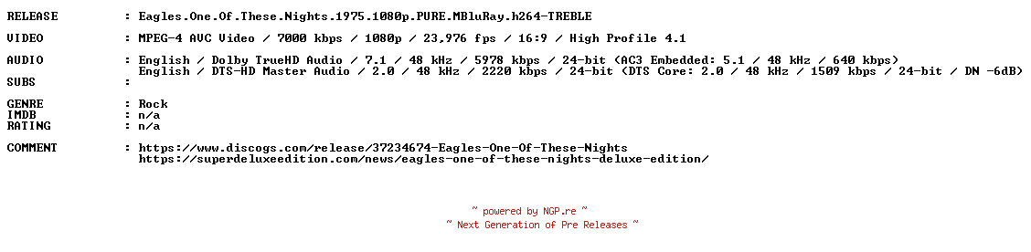 NFO for the release Eagles.One.Of.These.Nights.1975.1080p.PURE.MBluRay.h264-TREBLE by TREBLE
