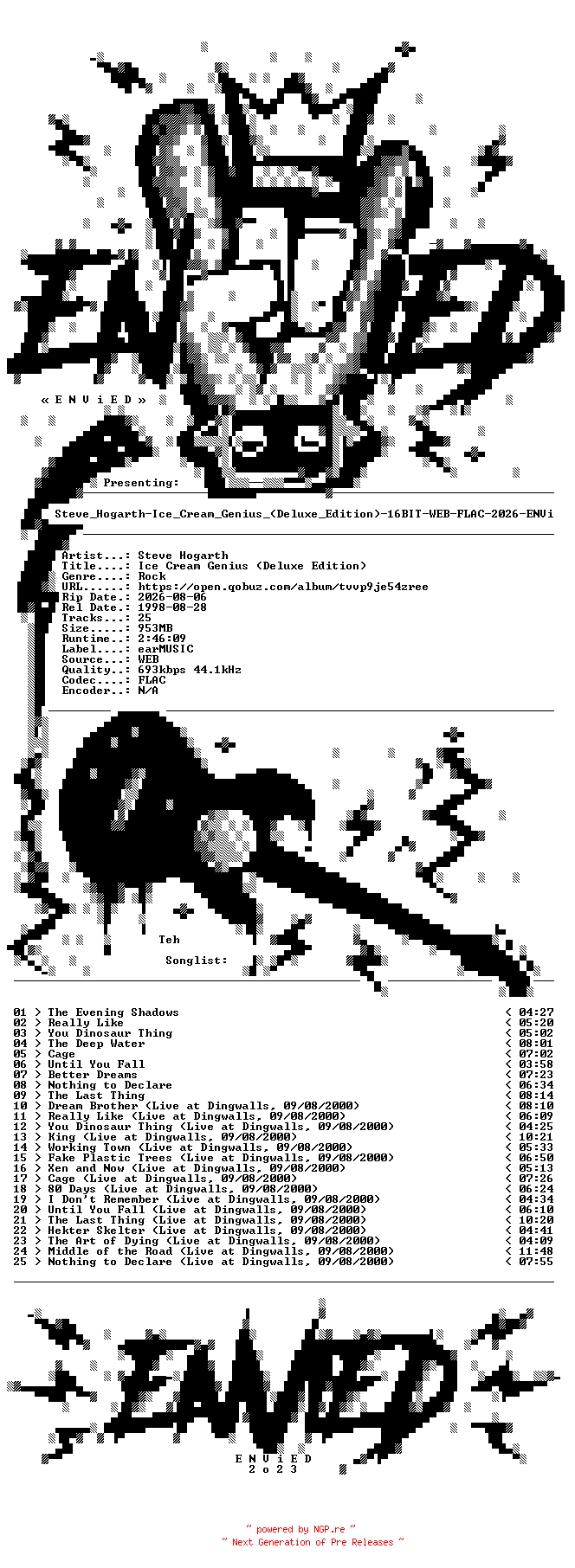 NFO for the release Steve_Hogarth-Ice_Cream_Genius_(Deluxe_Edition)-16BIT-WEB-FLAC-2026-ENViED by ENViED