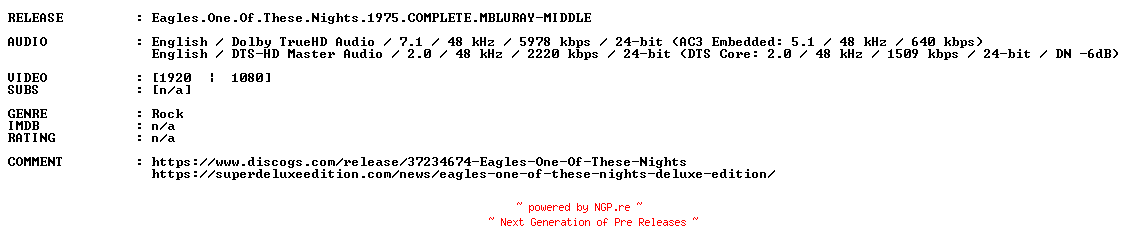 NFO for the release Eagles.One.Of.These.Nights.1975.COMPLETE.MBLURAY-MIDDLE by MIDDLE