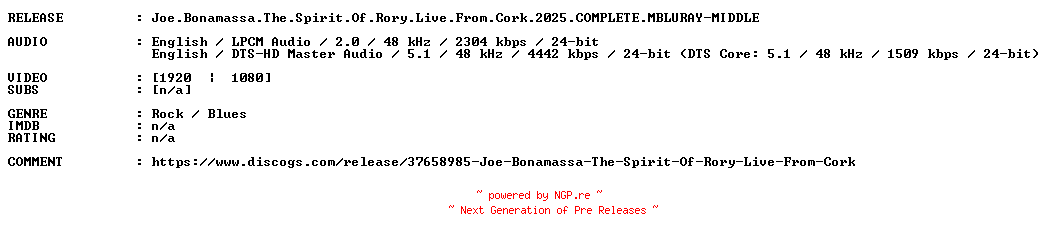 NFO for the release Joe.Bonamassa.The.Spirit.Of.Rory.Live.From.Cork.2025.COMPLETE.MBLURAY-MIDDLE by MIDDLE