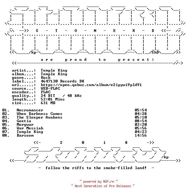 NFO for the release Temple_King-Temple_King-24BIT-WEB-FLAC-2026-STONERD by STONERD