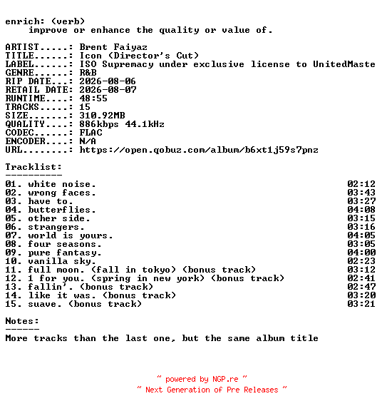 NFO for the release Brent_Faiyaz-Icon_(Directors_Cut)-READNFO-16BIT-WEB-FLAC-2026-ENRiCH by ENRiCH