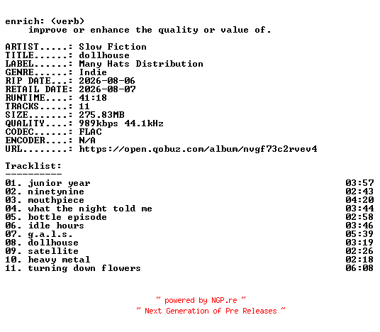 NFO for the release Slow_Fiction-dollhouse-16BIT-WEB-FLAC-2026-ENRiCH by ENRiCH