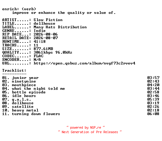NFO for the release Slow_Fiction-dollhouse-24BIT-WEB-FLAC-2026-ENRiCH by ENRiCH