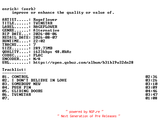 NFO for the release Rageflower-TWINSTAR-EP-24BIT-WEB-FLAC-2026-ENRiCH by ENRiCH